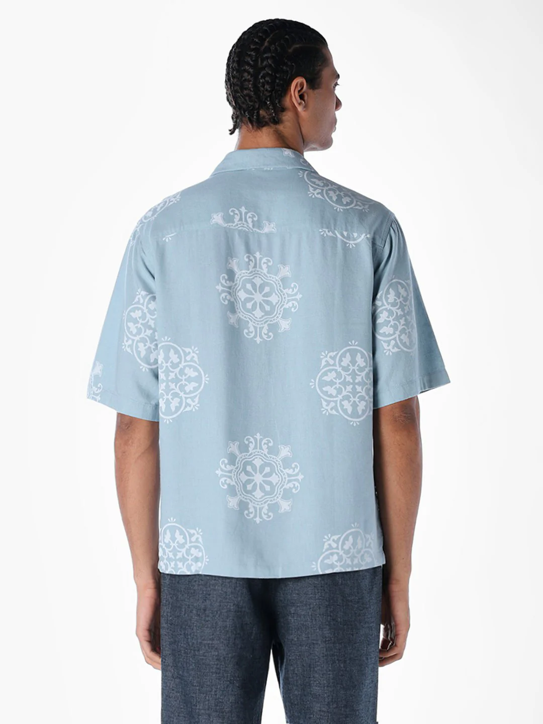 Linen Blend Printed Oversized Shirt - Blue - Image 4
