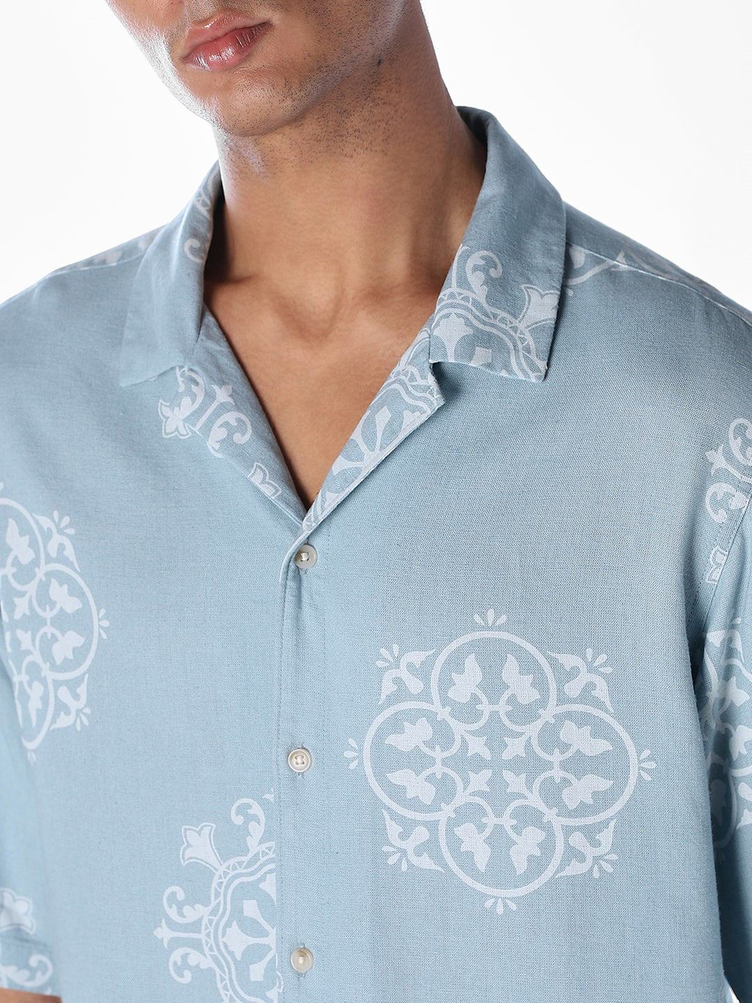 Linen Blend Printed Oversized Shirt - Blue - Image 5