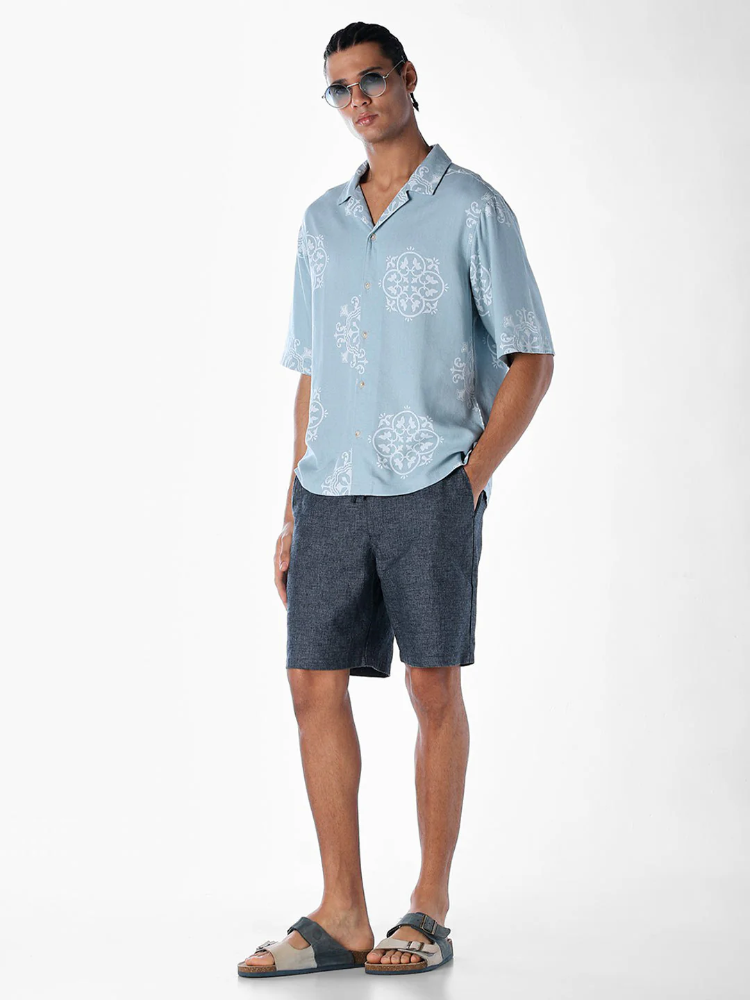 Linen Blend Printed Oversized Shirt - Blue - Image 6