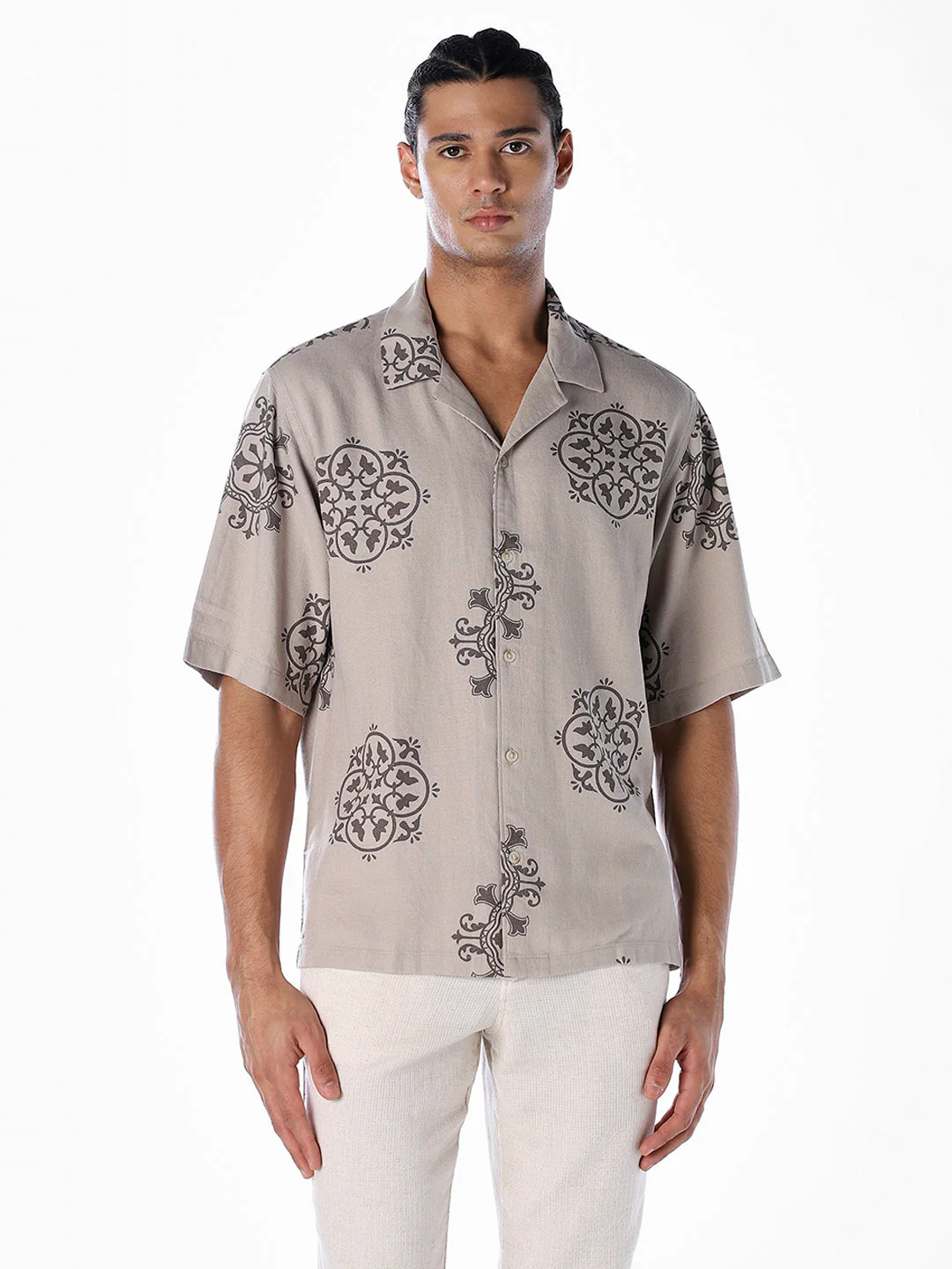 Linen Blend Printed Oversized Shirt - Light Brown - Image 2