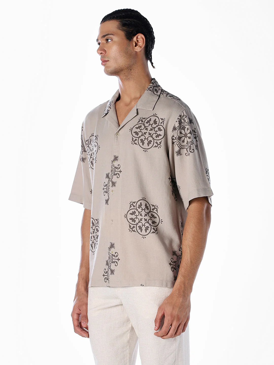 Linen Blend Printed Oversized Shirt - Light Brown - Image 3