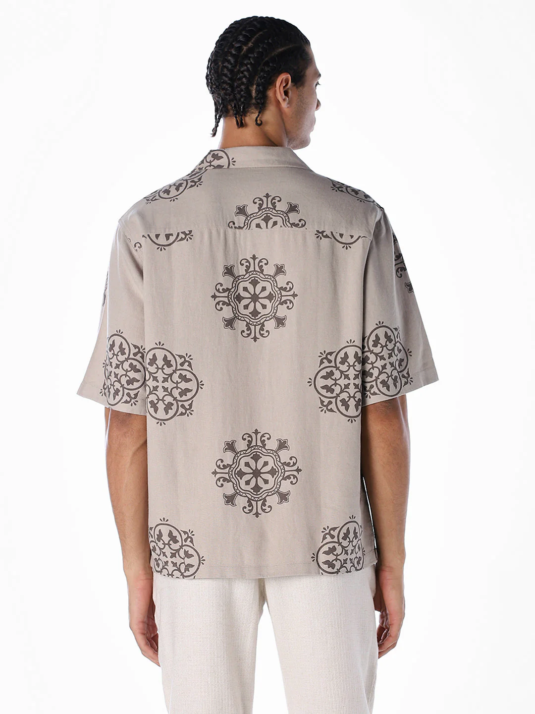 Linen Blend Printed Oversized Shirt - Light Brown - Image 4