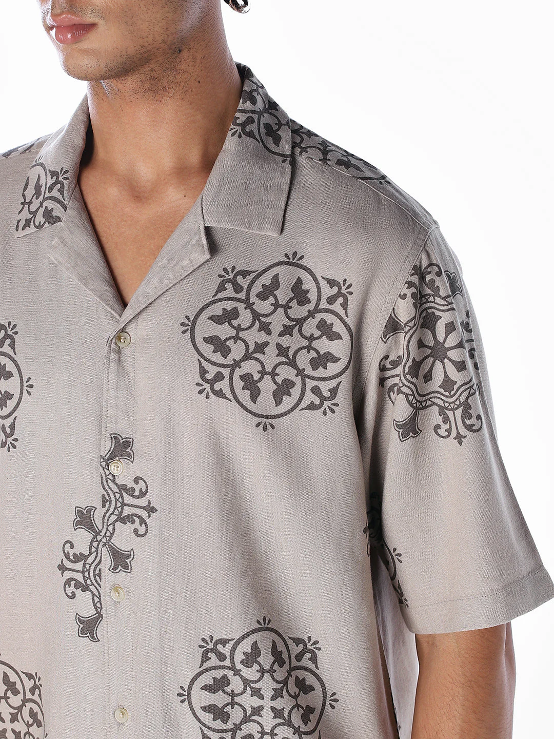 Linen Blend Printed Oversized Shirt - Light Brown - Image 5