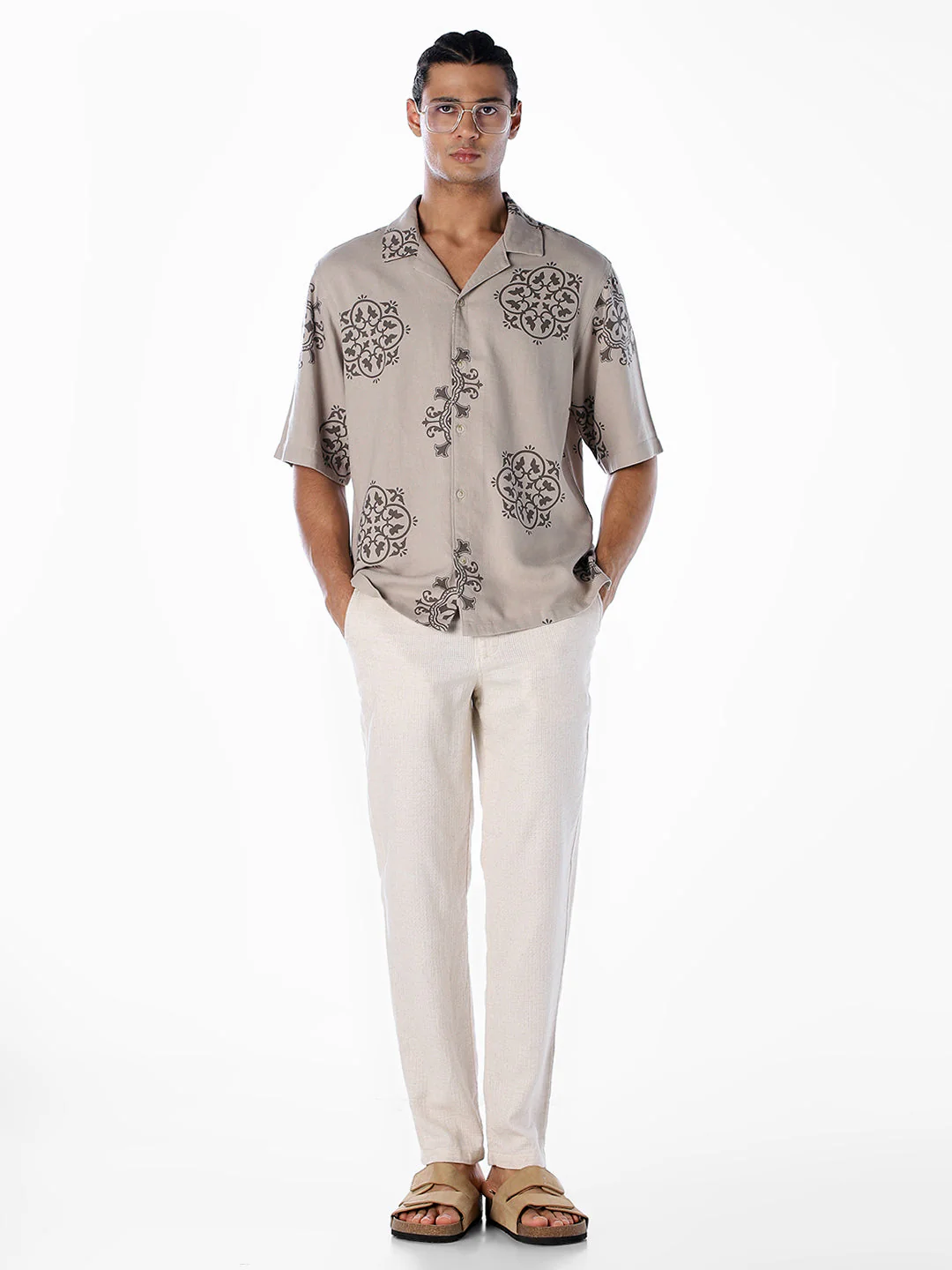 Linen Blend Printed Oversized Shirt - Light Brown - Image 6