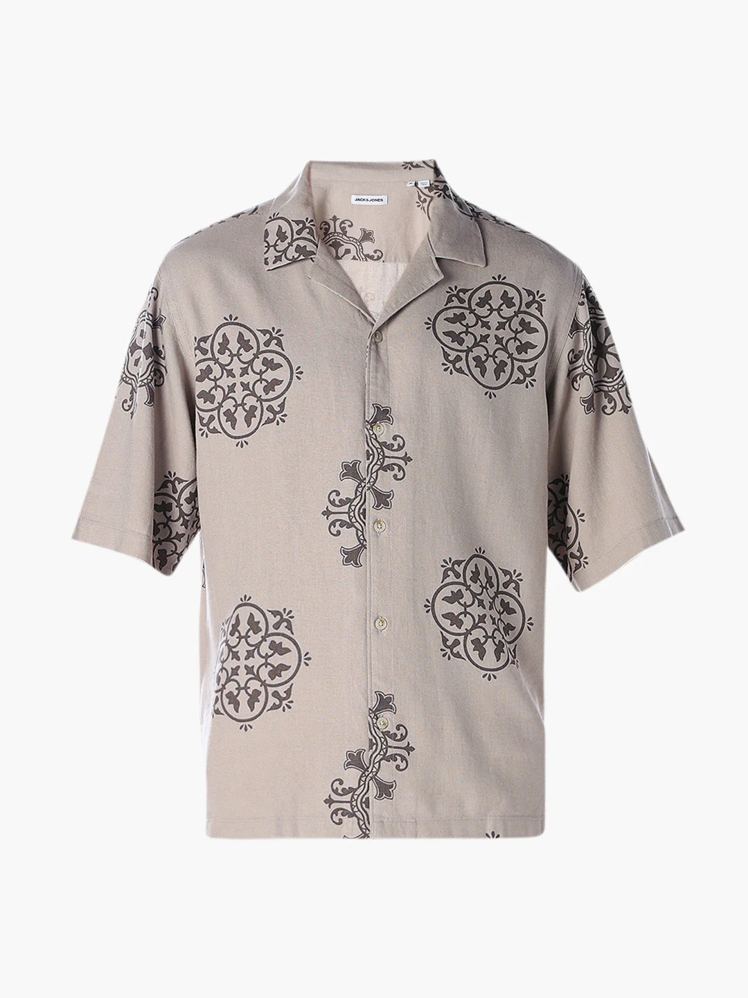 Linen Blend Printed Oversized Shirt - Light Brown - Image 7