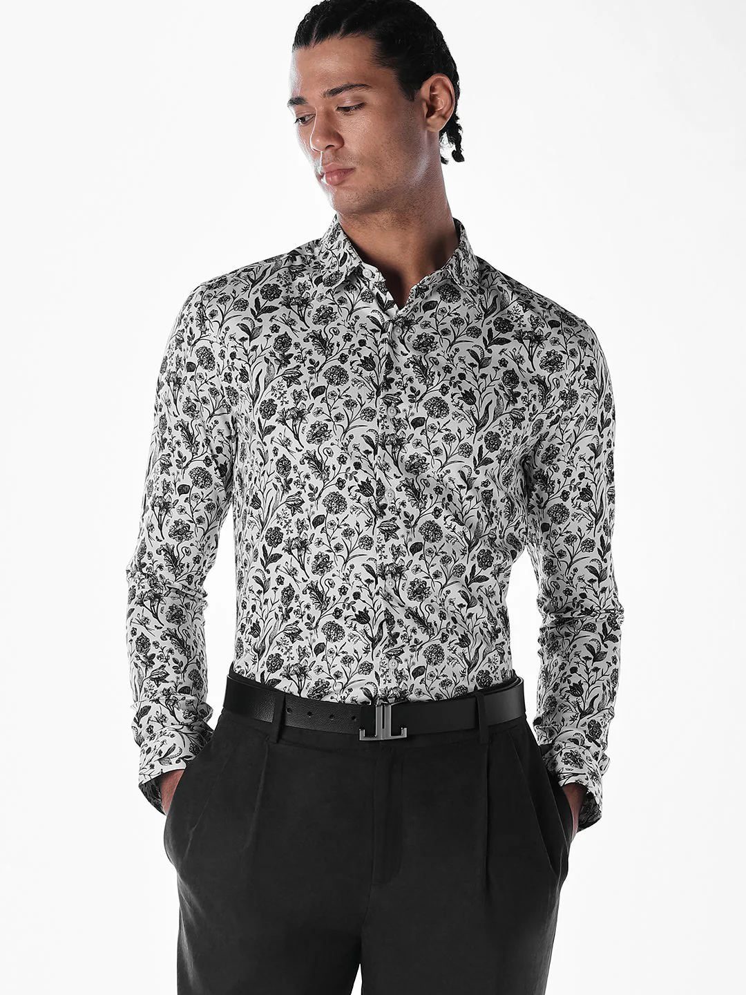 White Printed Cotton Slim Fit Shirt