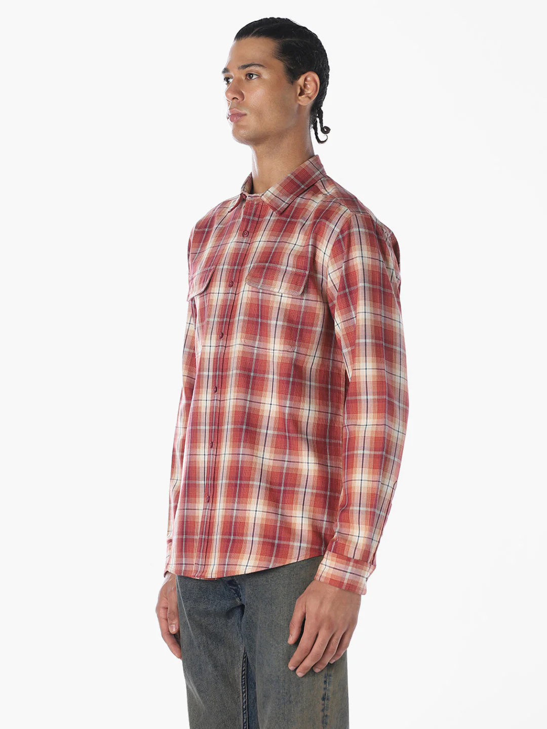 Patch Pockets Cotton Check Shirt - Red - Image 3