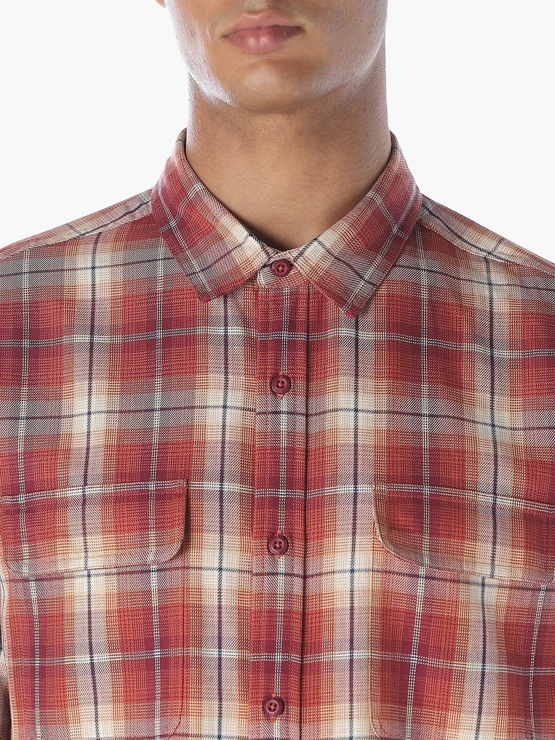 Patch Pockets Cotton Check Shirt - Red - Image 5