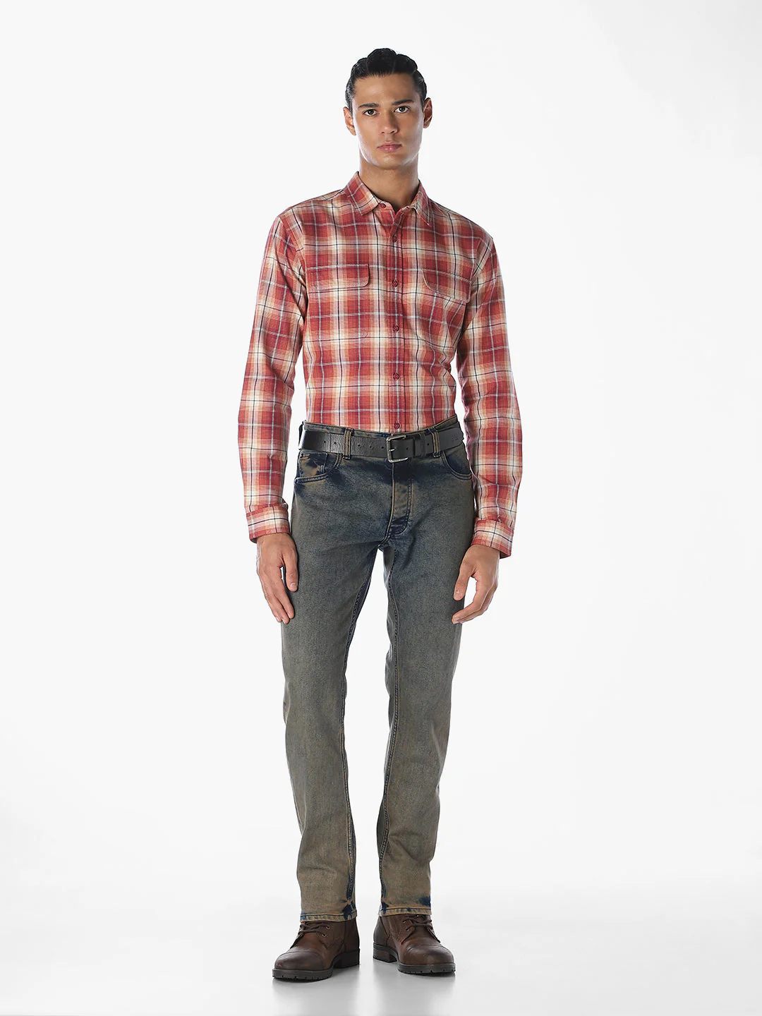 Patch Pockets Cotton Check Shirt - Red - Image 6