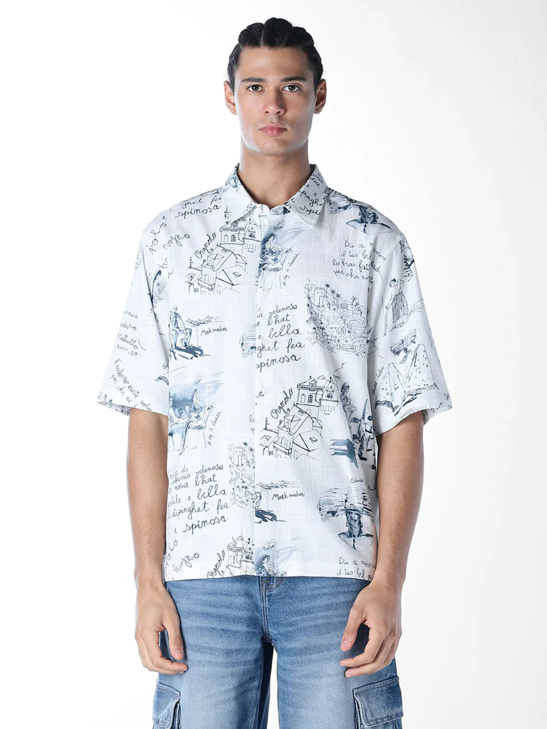 Linen Blend Printed Oversized Shirt - Image 2