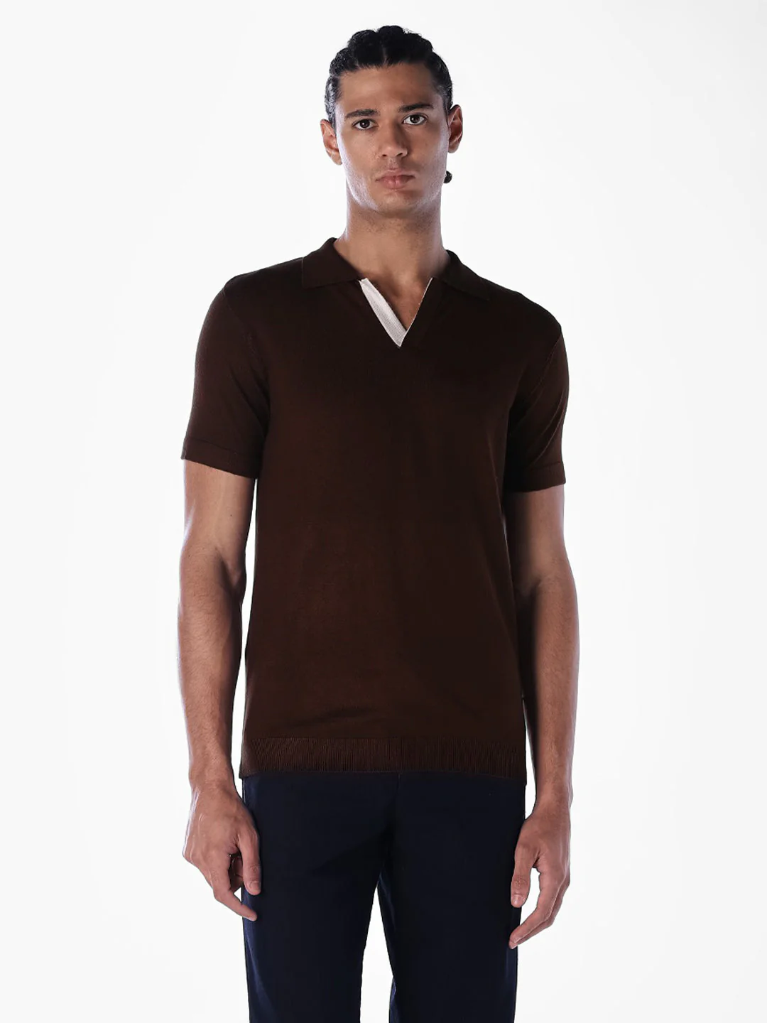 Knitted Slim Fit Polo - Brown - Image 2