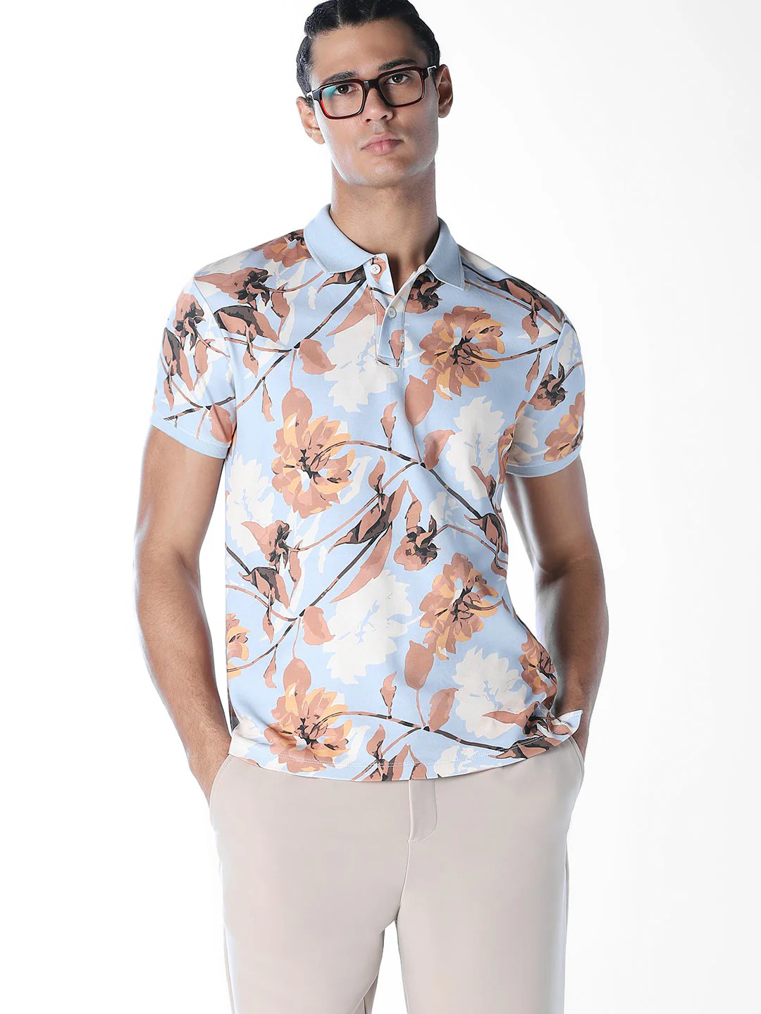 Blue Printed Cotton Polo
