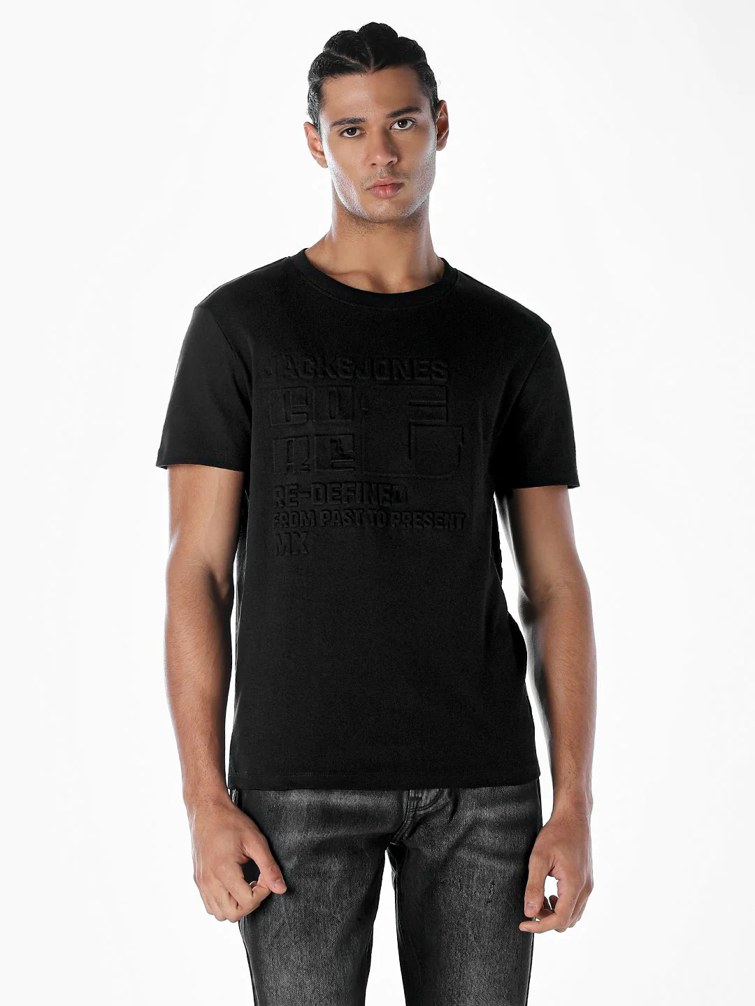 Black Tonal Embossed Logo Cotton T-shirt - Image 2
