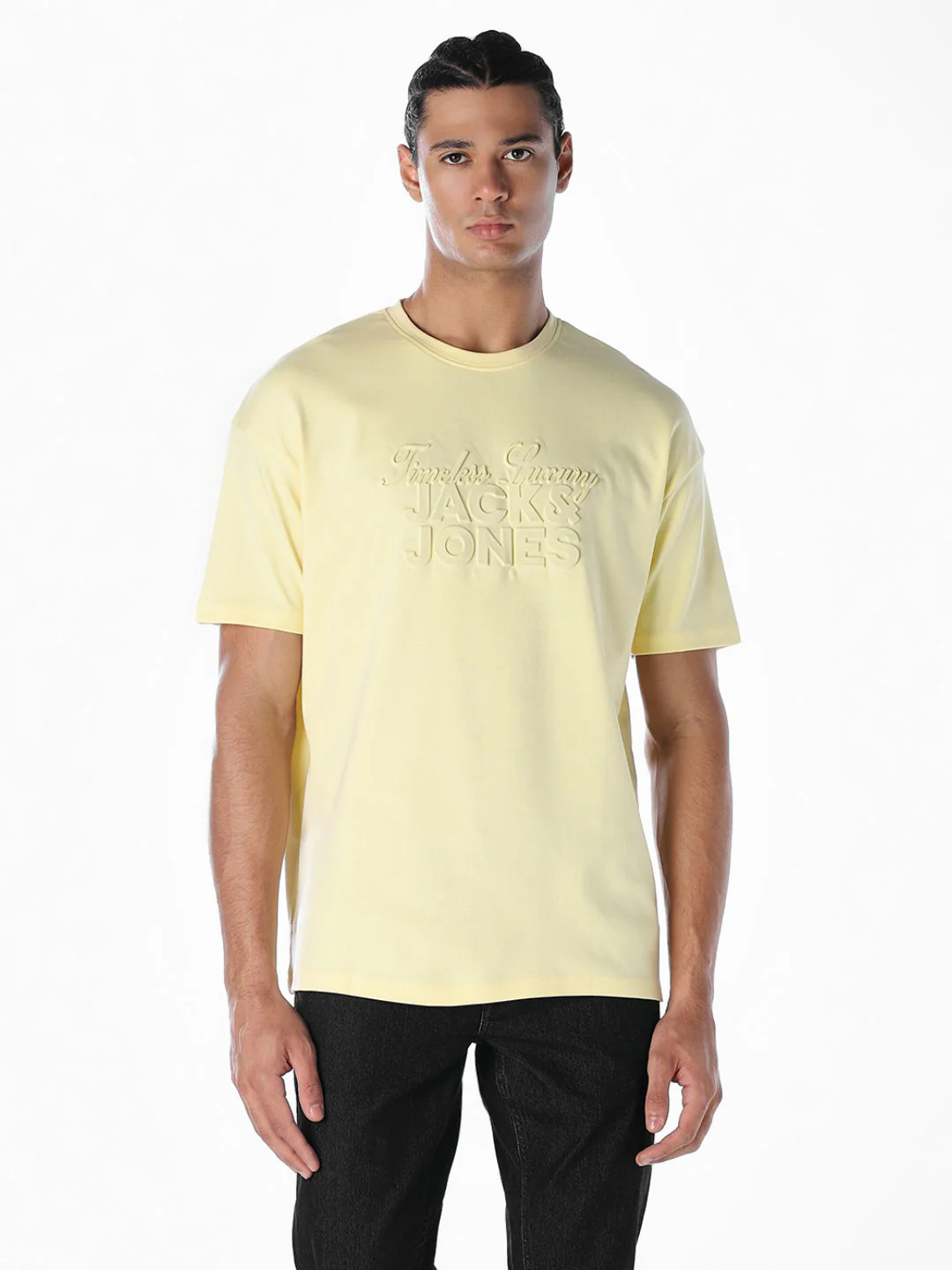 Embossed Text Boxy Fit T-shirt - Pastel Yellow - Image 2