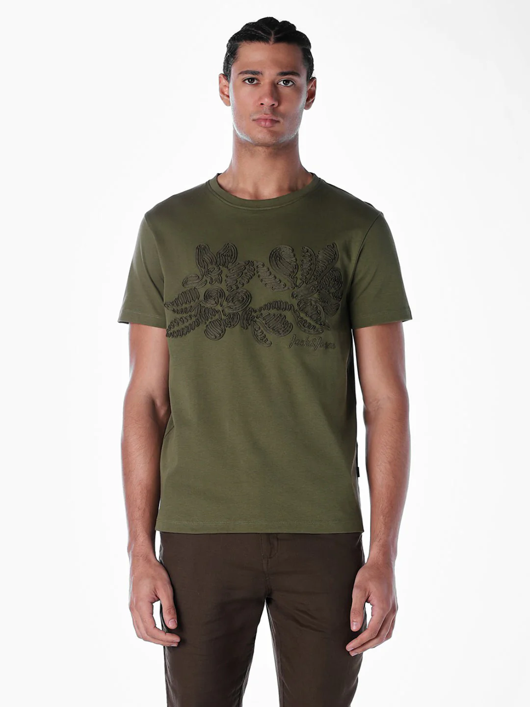 Embroidered Print T-shirt - Olive - Image 2