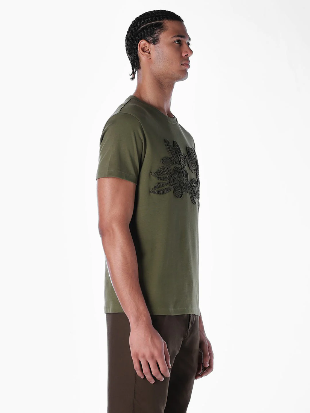 Embroidered Print T-shirt - Olive - Image 3