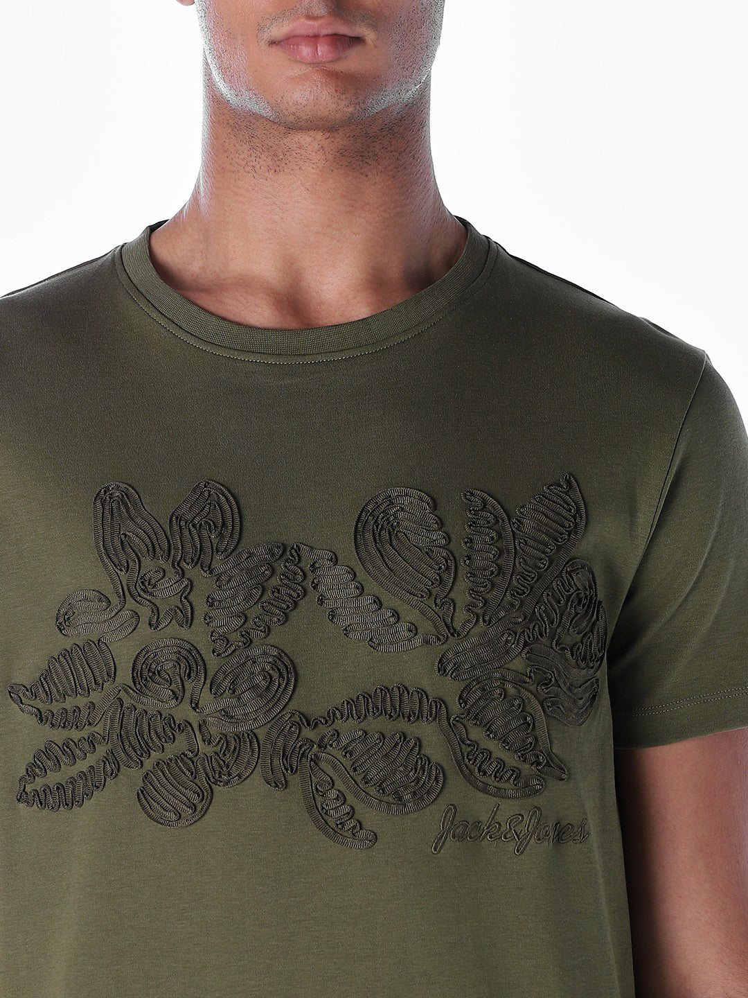 Embroidered Print T-shirt - Olive - Image 5