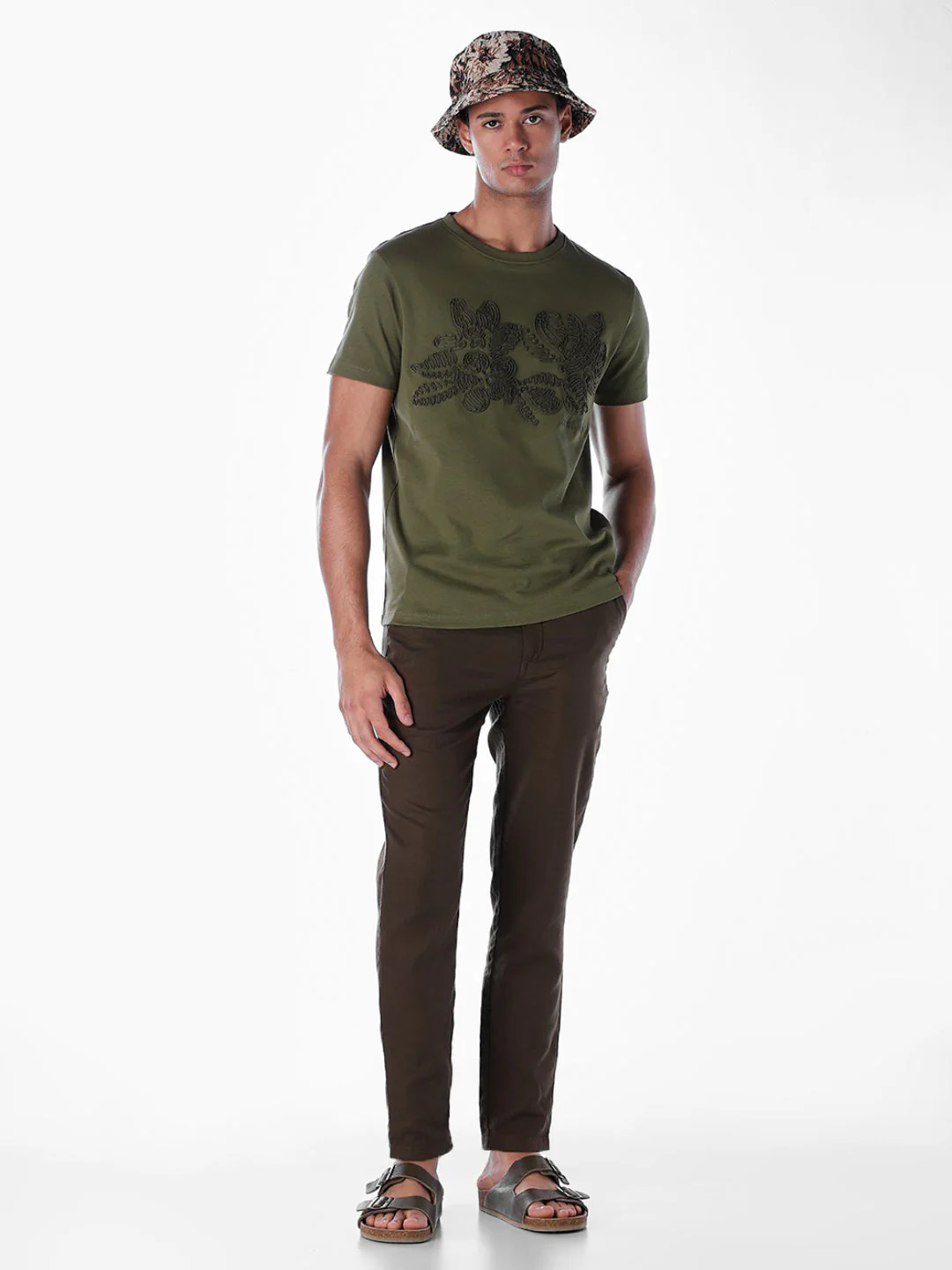 Embroidered Print T-shirt - Olive - Image 6