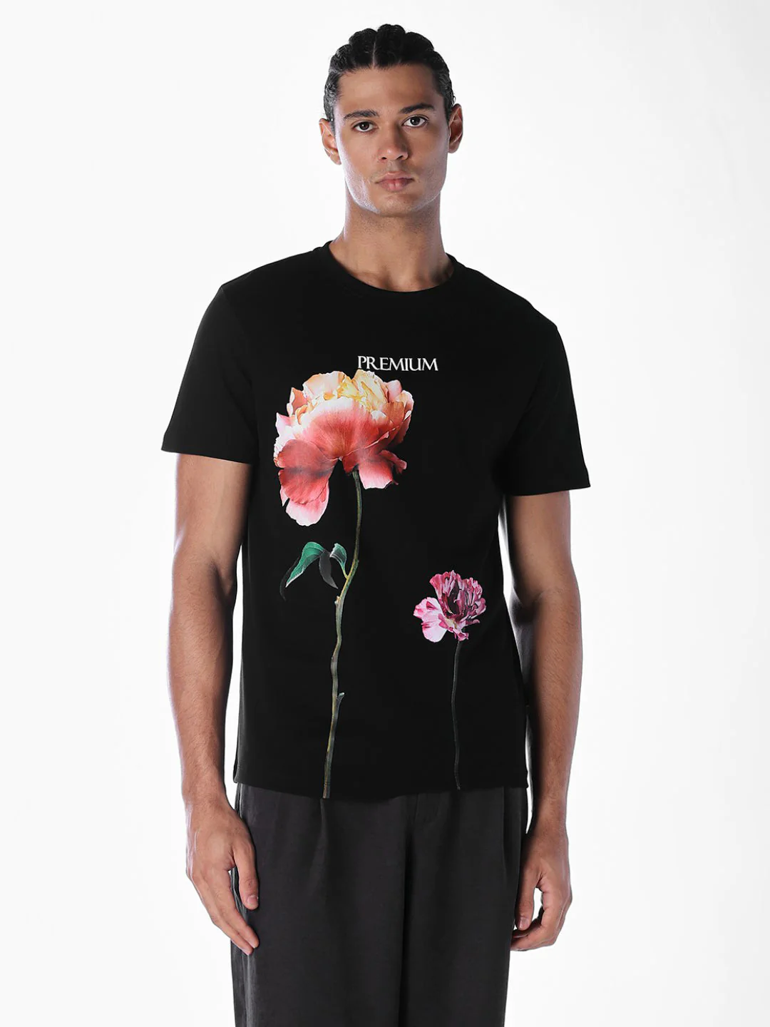 Black Floral Placement Print T-shirt - Image 2