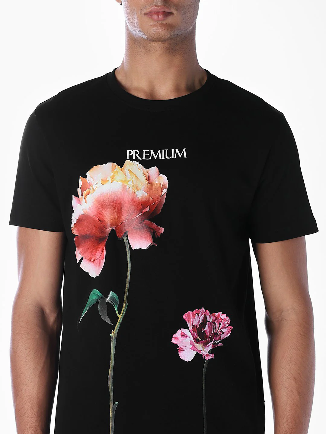 Black Floral Placement Print T-shirt - Image 5