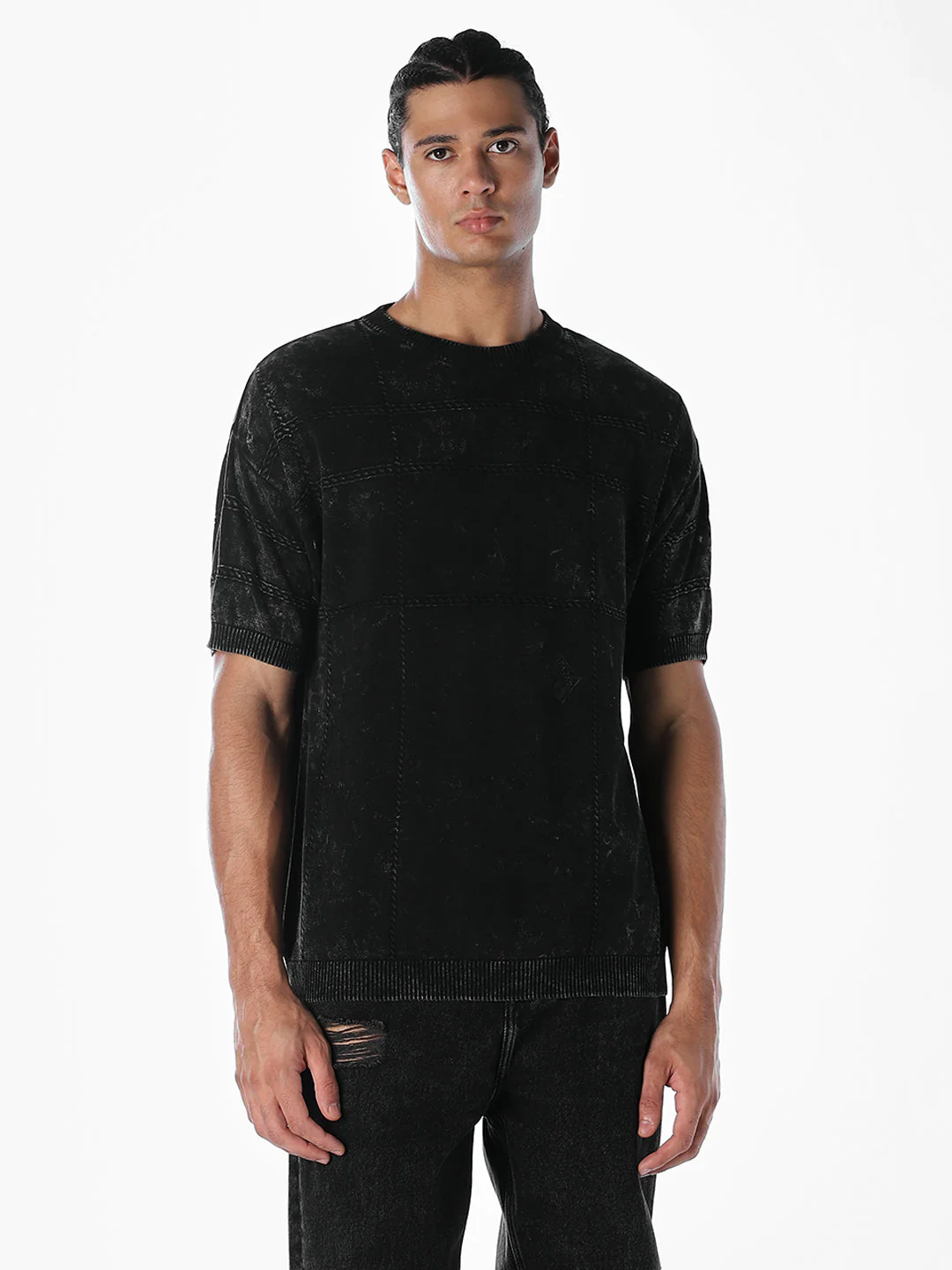 Acid Wash Knit Crew Neck T-shirt - Image 2