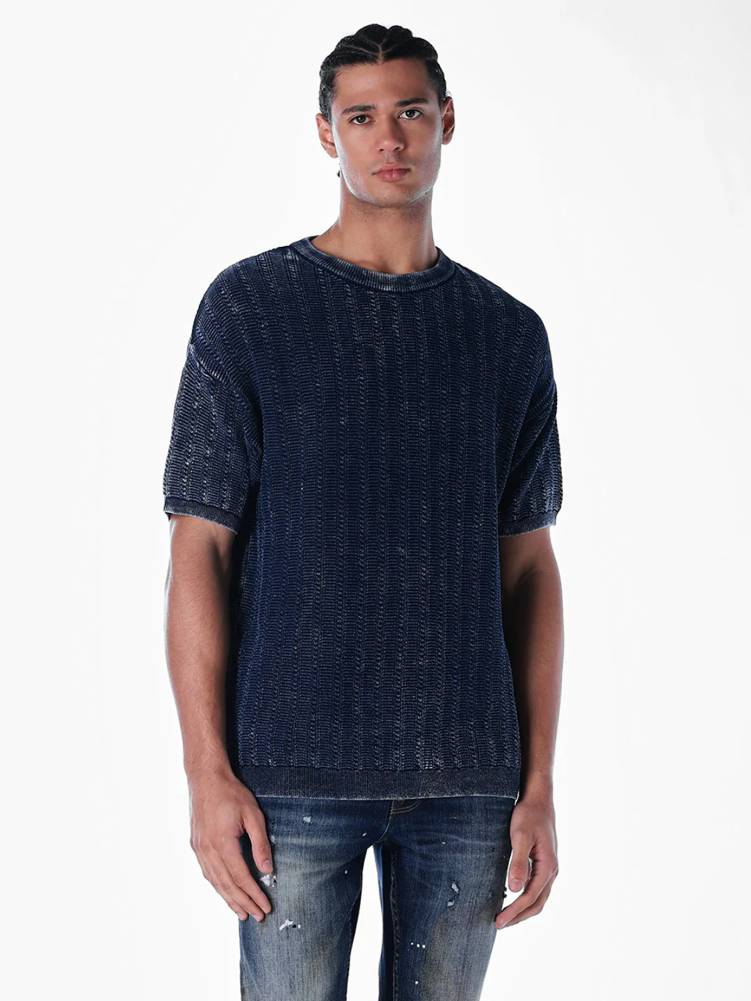 Acid Wash Knit Crew Neck T-shirt - Blue - Image 2