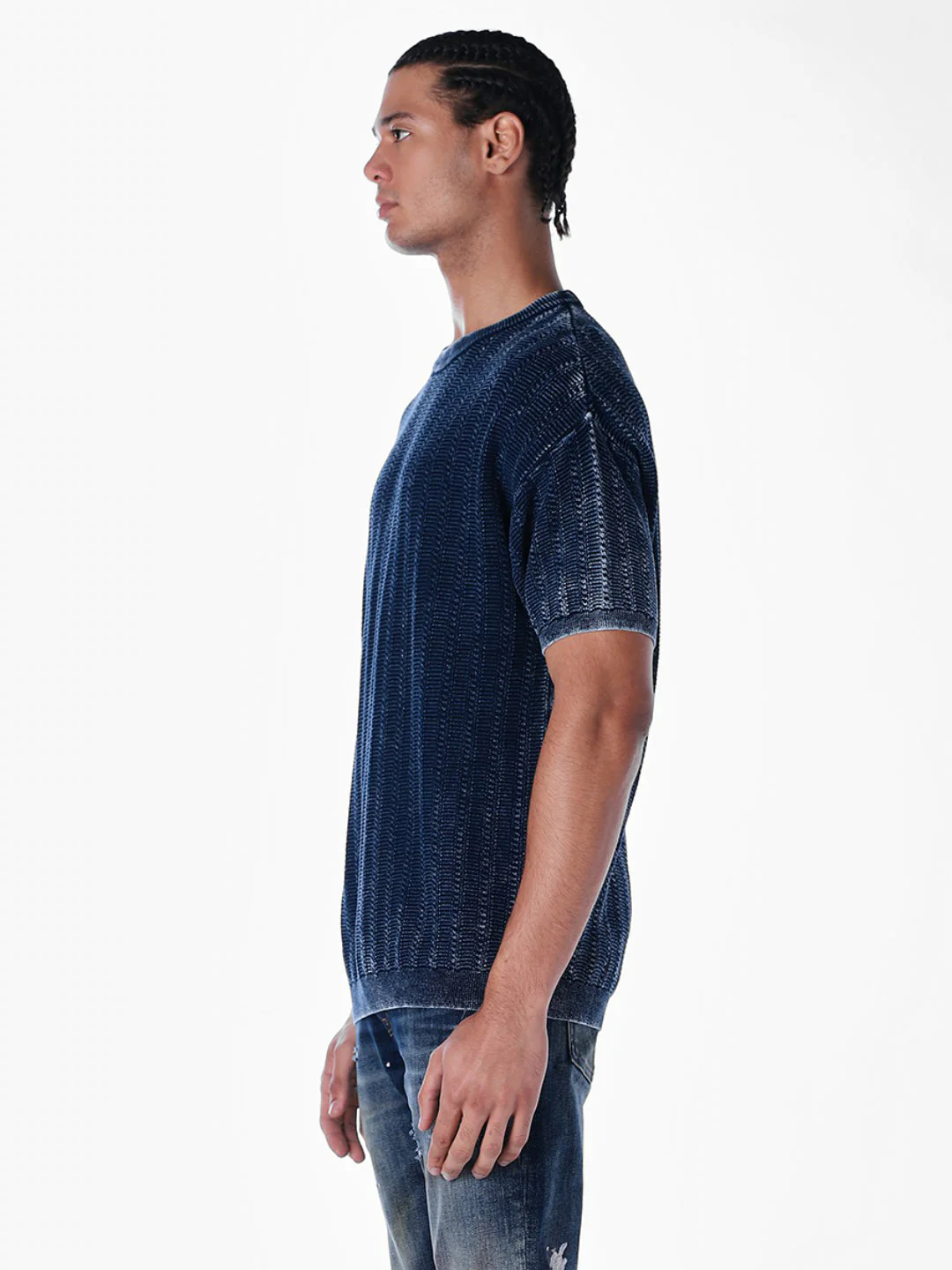 Acid Wash Knit Crew Neck T-shirt - Blue - Image 3