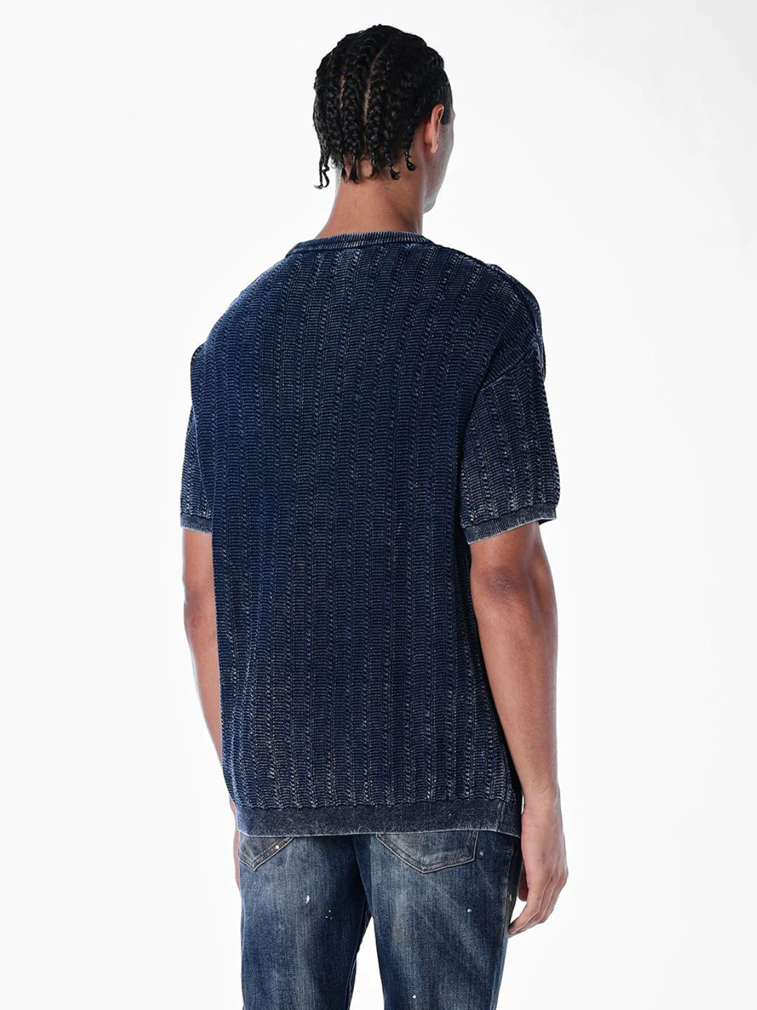 Acid Wash Knit Crew Neck T-shirt - Blue - Image 4