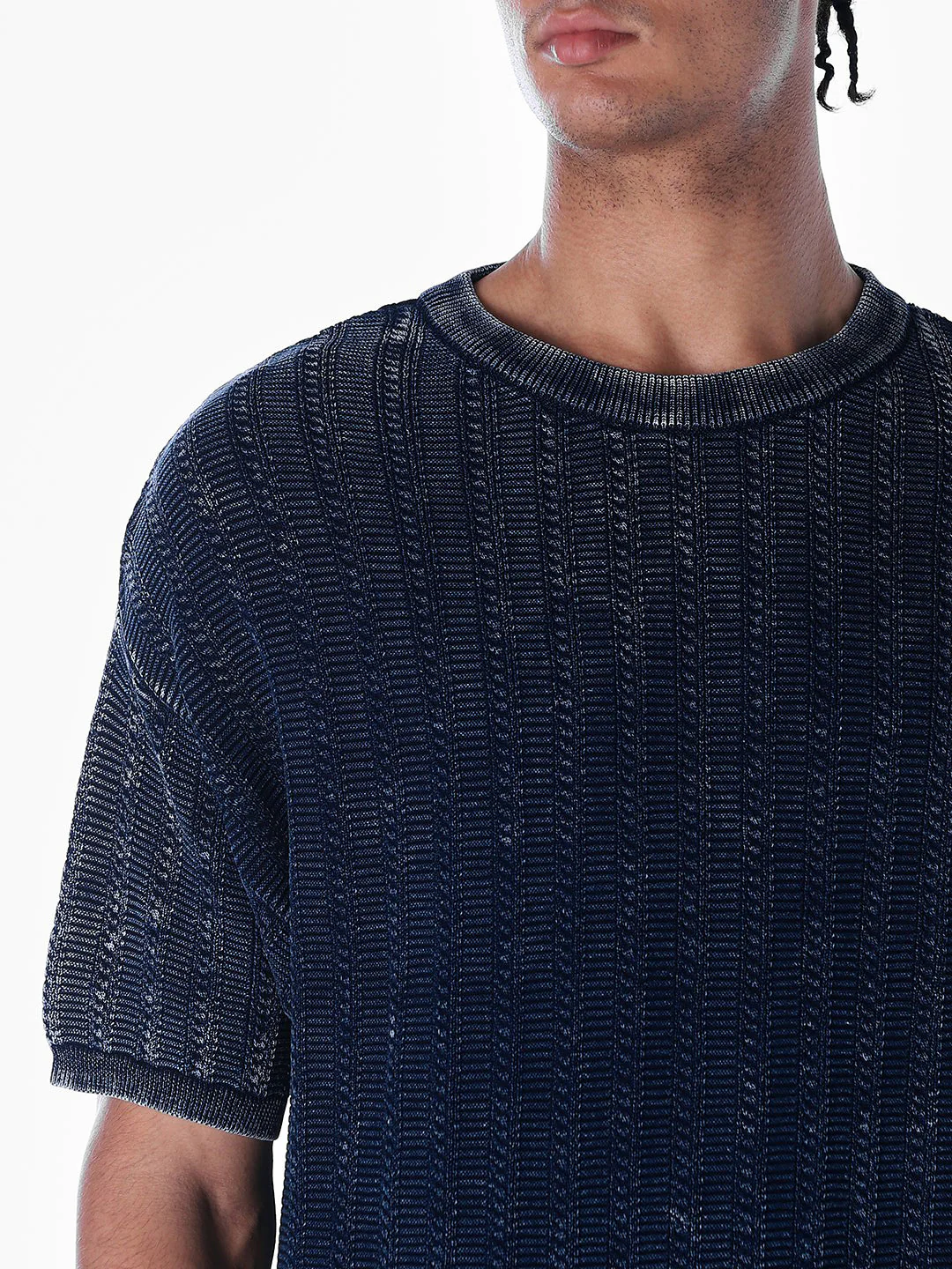 Acid Wash Knit Crew Neck T-shirt - Blue - Image 5