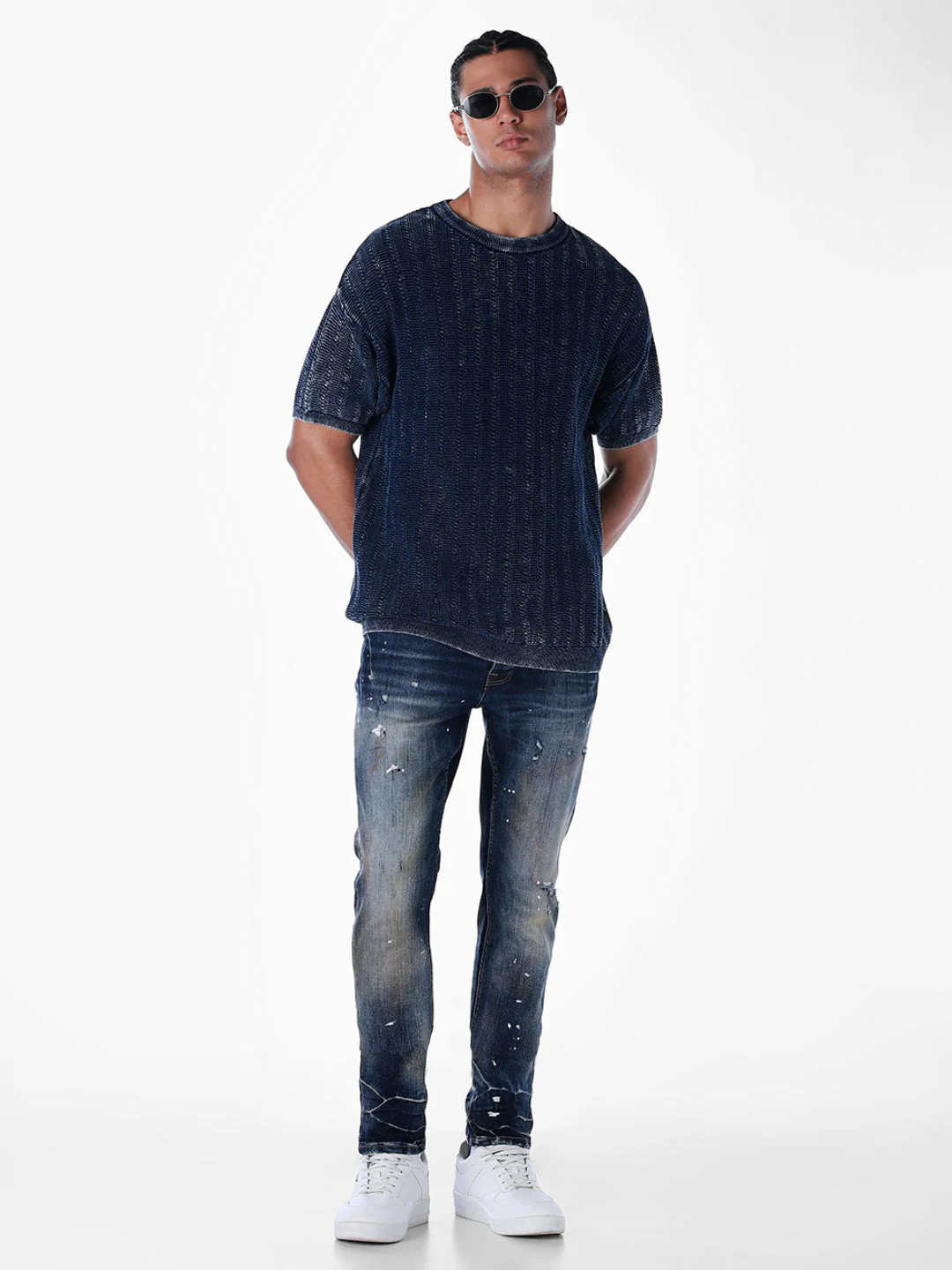 Acid Wash Knit Crew Neck T-shirt - Blue - Image 6