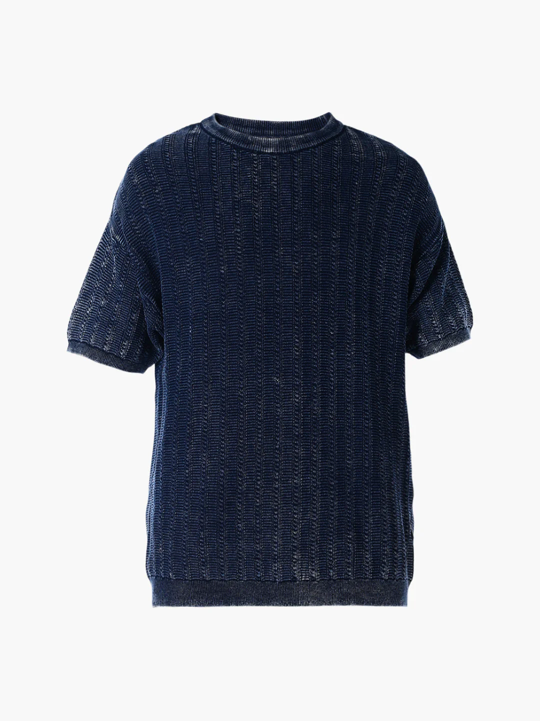 Acid Wash Knit Crew Neck T-shirt - Blue - Image 7