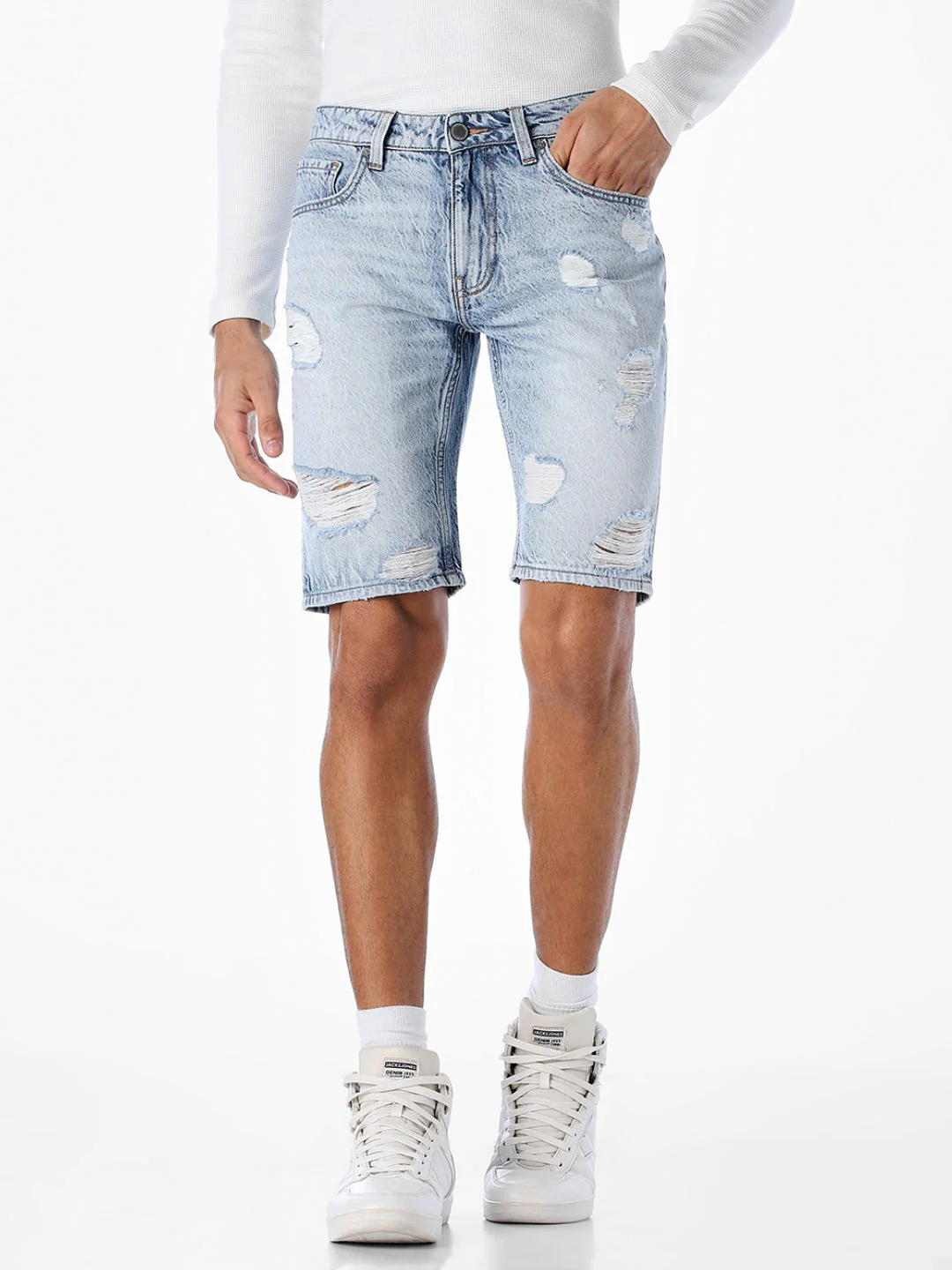 Blue Heavily Distressed Denim Shorts