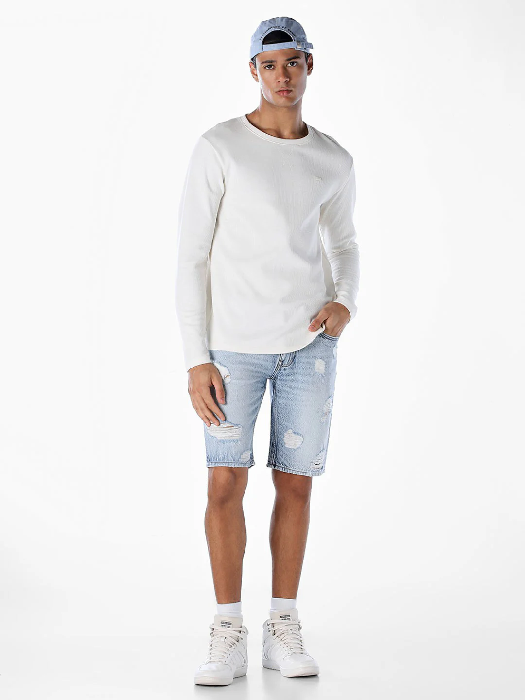 Blue Heavily Distressed Denim Shorts - Image 6