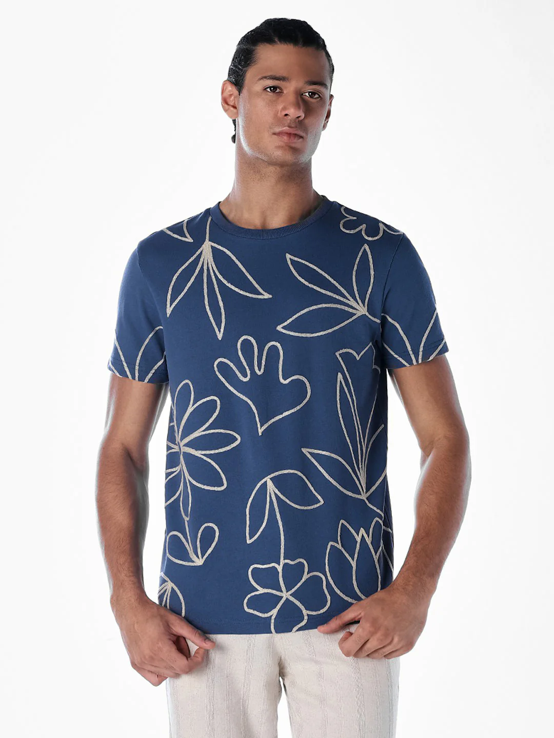 Dark Blue Printed Cotton T-shirt - Image 2