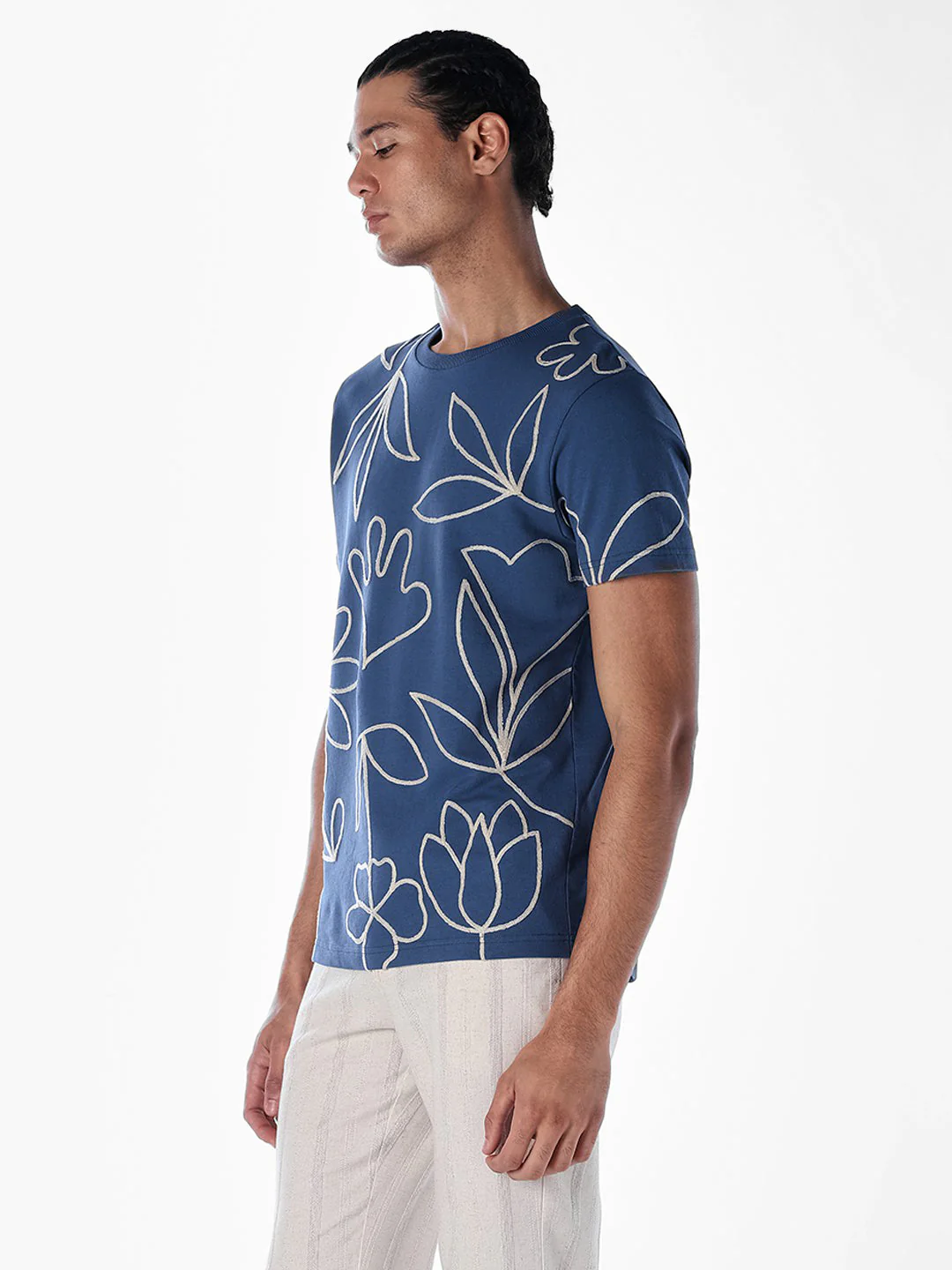 Dark Blue Printed Cotton T-shirt - Image 3