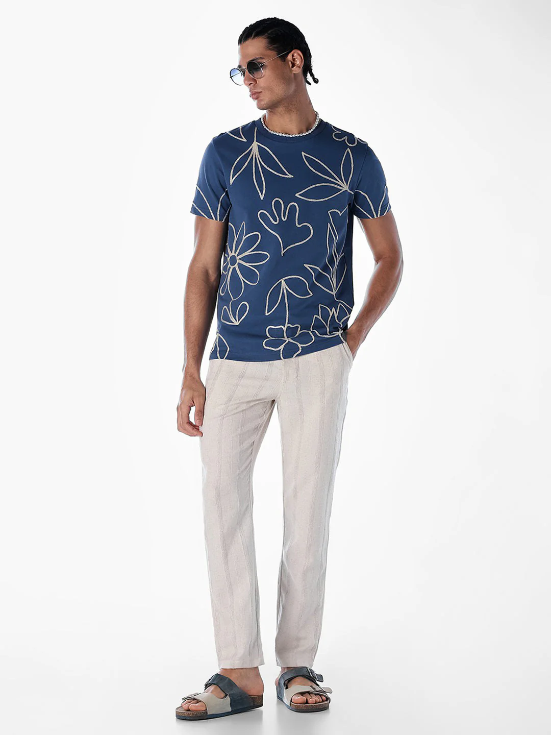 Dark Blue Printed Cotton T-shirt - Image 6