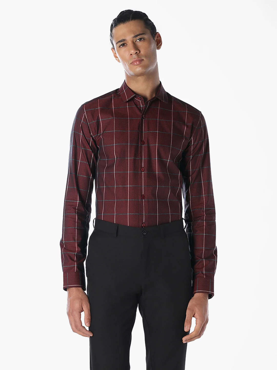 Burgundy Checked Cotton Shirt - Image 2