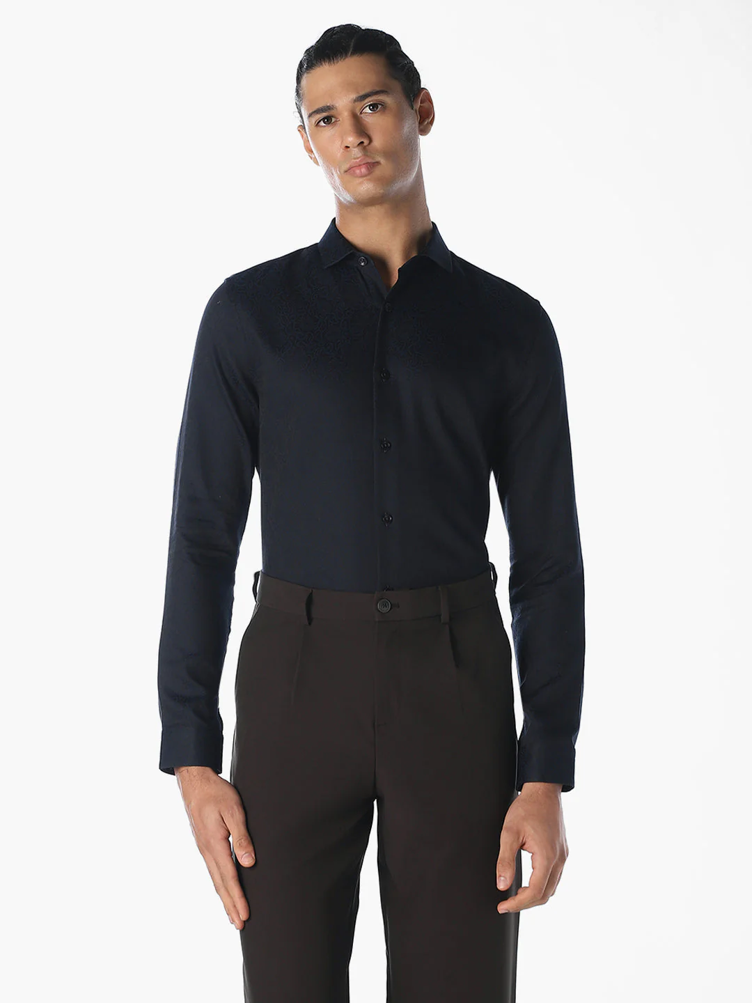 Navy Blue Cotton Slim Shirt - Image 2