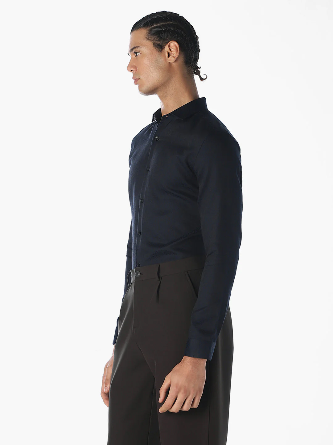 Navy Blue Cotton Slim Shirt - Image 3