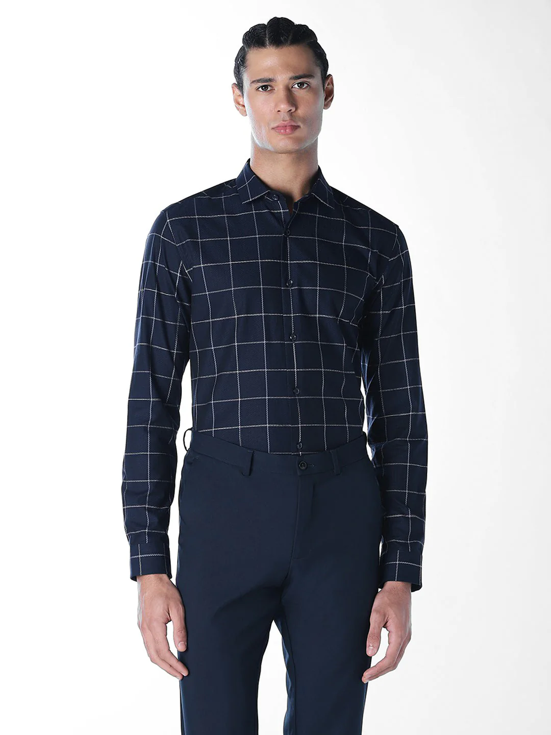 Navy Check Slim Fit Shirt - Image 2