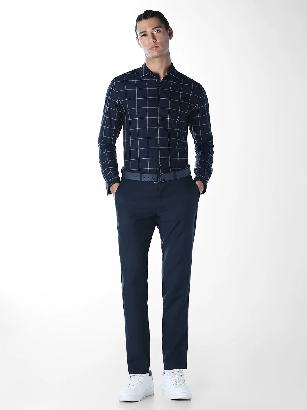 Navy Check Slim Fit Shirt - Image 6