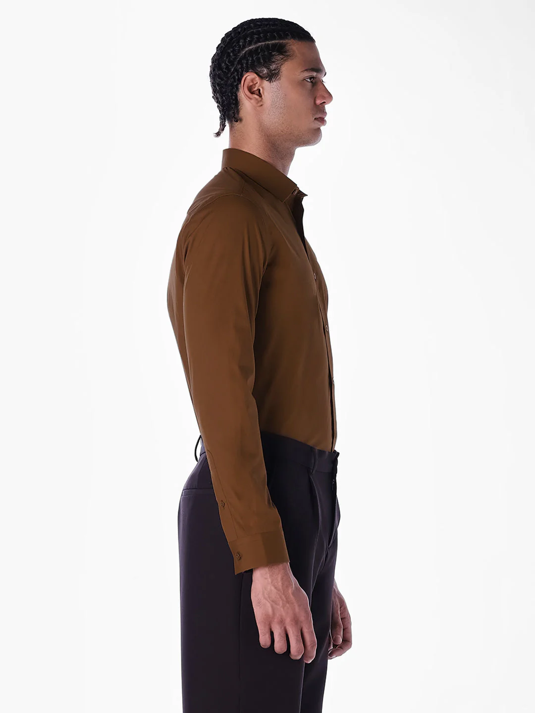 Cotton-Stretch Slim Fit Shirt - Brown - Image 3