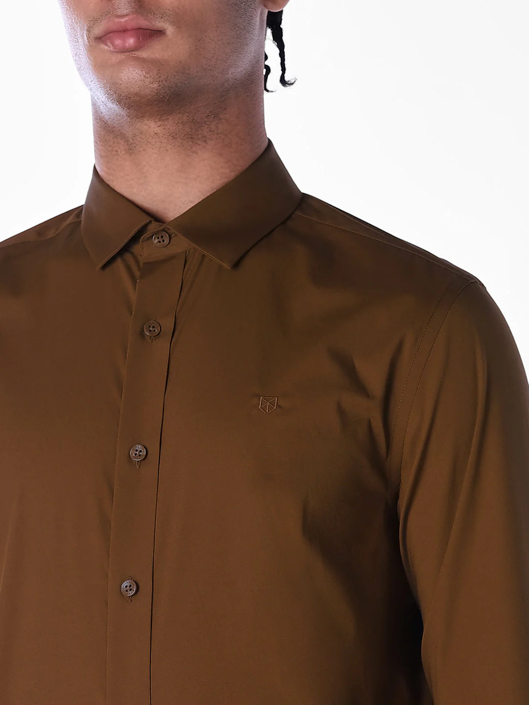 Cotton-Stretch Slim Fit Shirt - Brown - Image 5